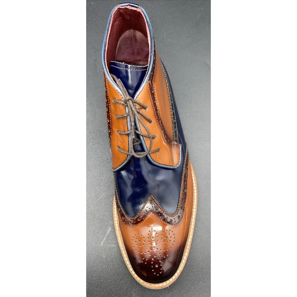 Brown-Navy Blue Wingtip‎ Derby Leather Dress Shoe Men's 42